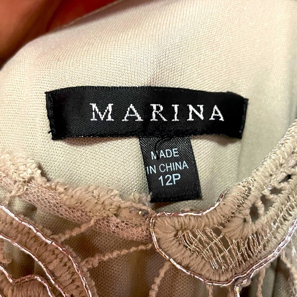 Marina Taupe And Silver Metallic Floral Lace Overlay Dress Sheer Sleeves Sz 12 - Picture 3 of 9